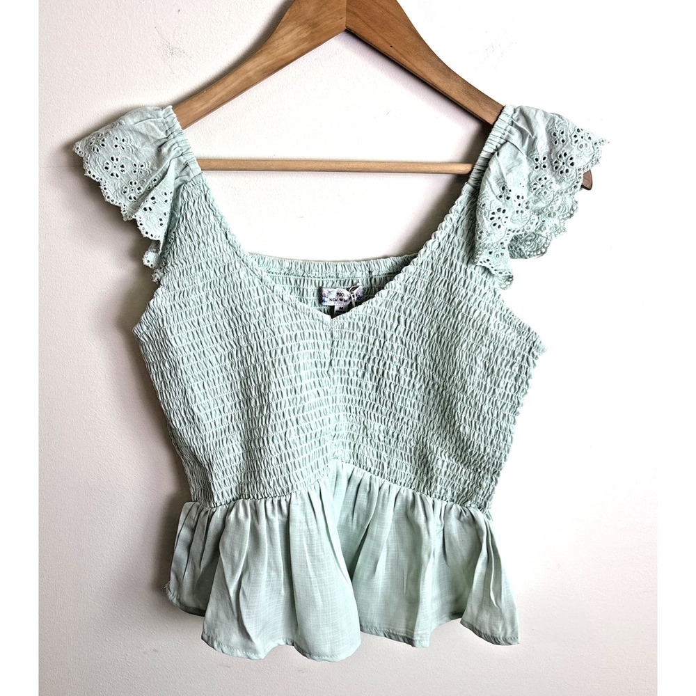Poof New York Shirt Womens‎ Sz M Mint Green Cottage Ruffle Eyelet Top Blouse